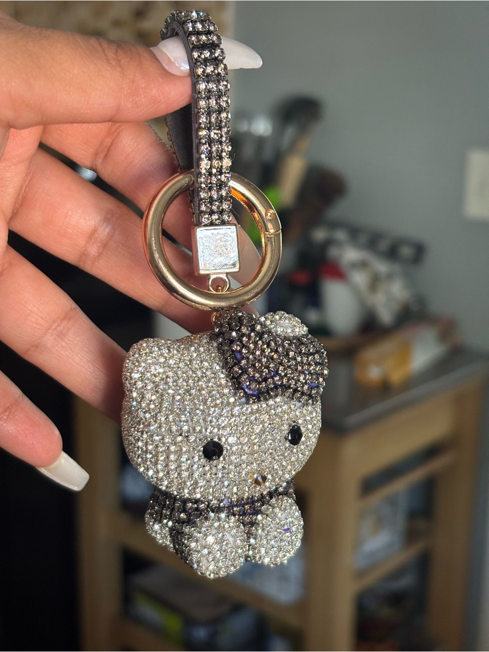 Hello Kitty Crystal Keychain - Silver & Black with Gold Accents - Picture 4 of 4